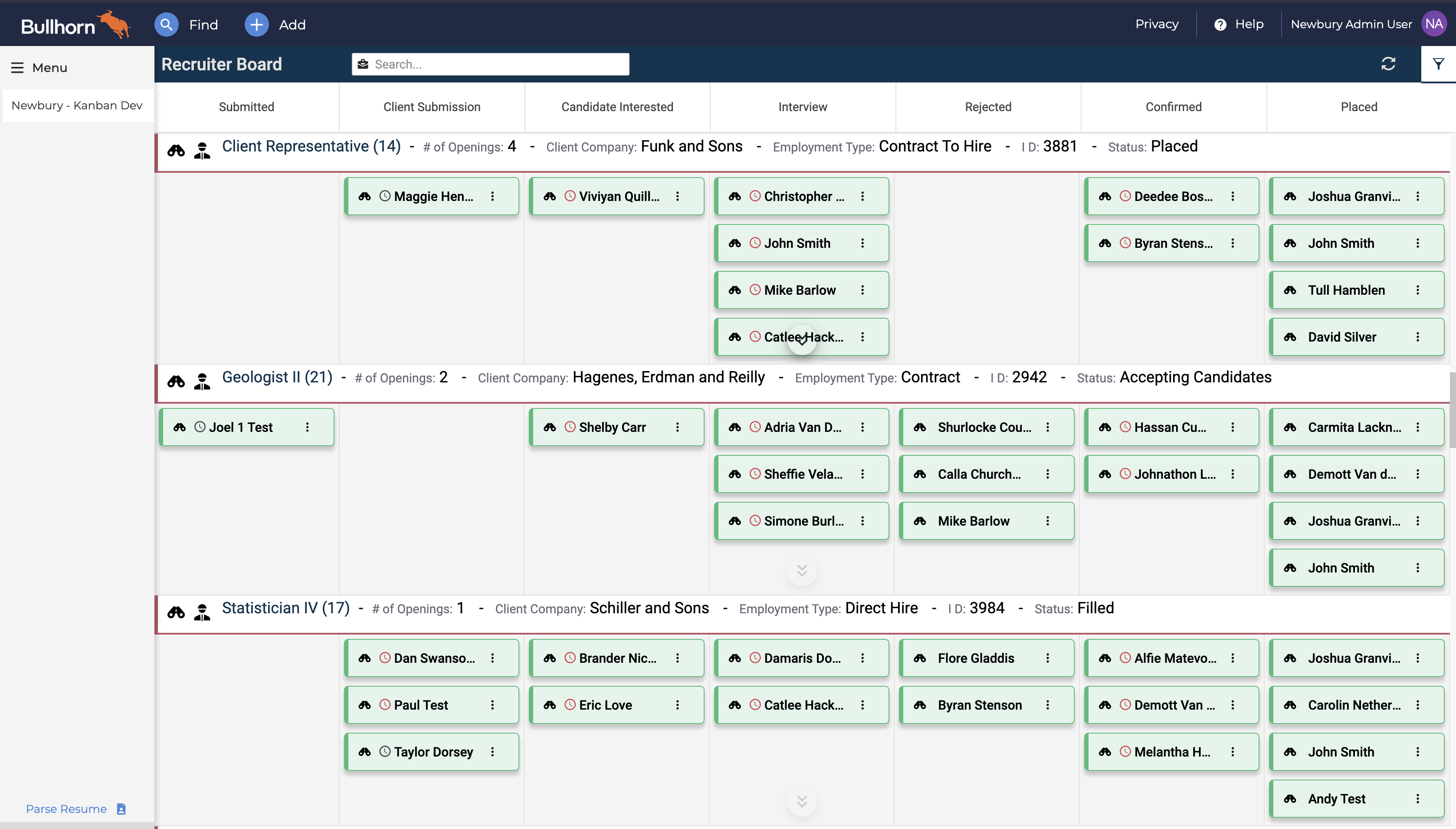 Newbury Partners | Kanban for Bullhorn Screenshot